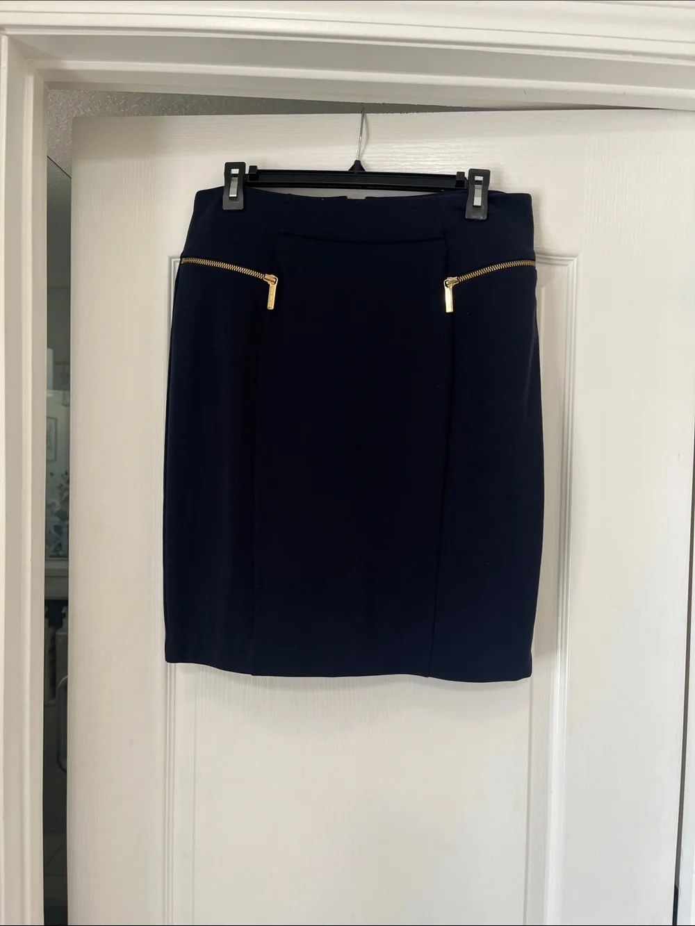 Michael Kors Tailored Navy Pencil Skirt with Gold Zip Details, 8